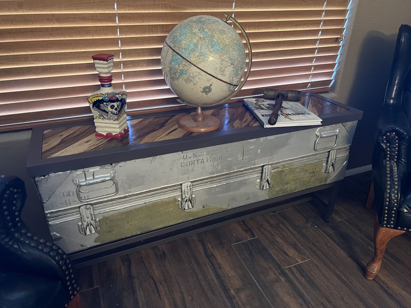 Industrial steel chest console with wood top